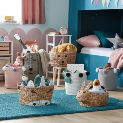 Round Cotton Rope Grey Pom Pom Basket -Livora Home Shop 12886597 9044940538561180