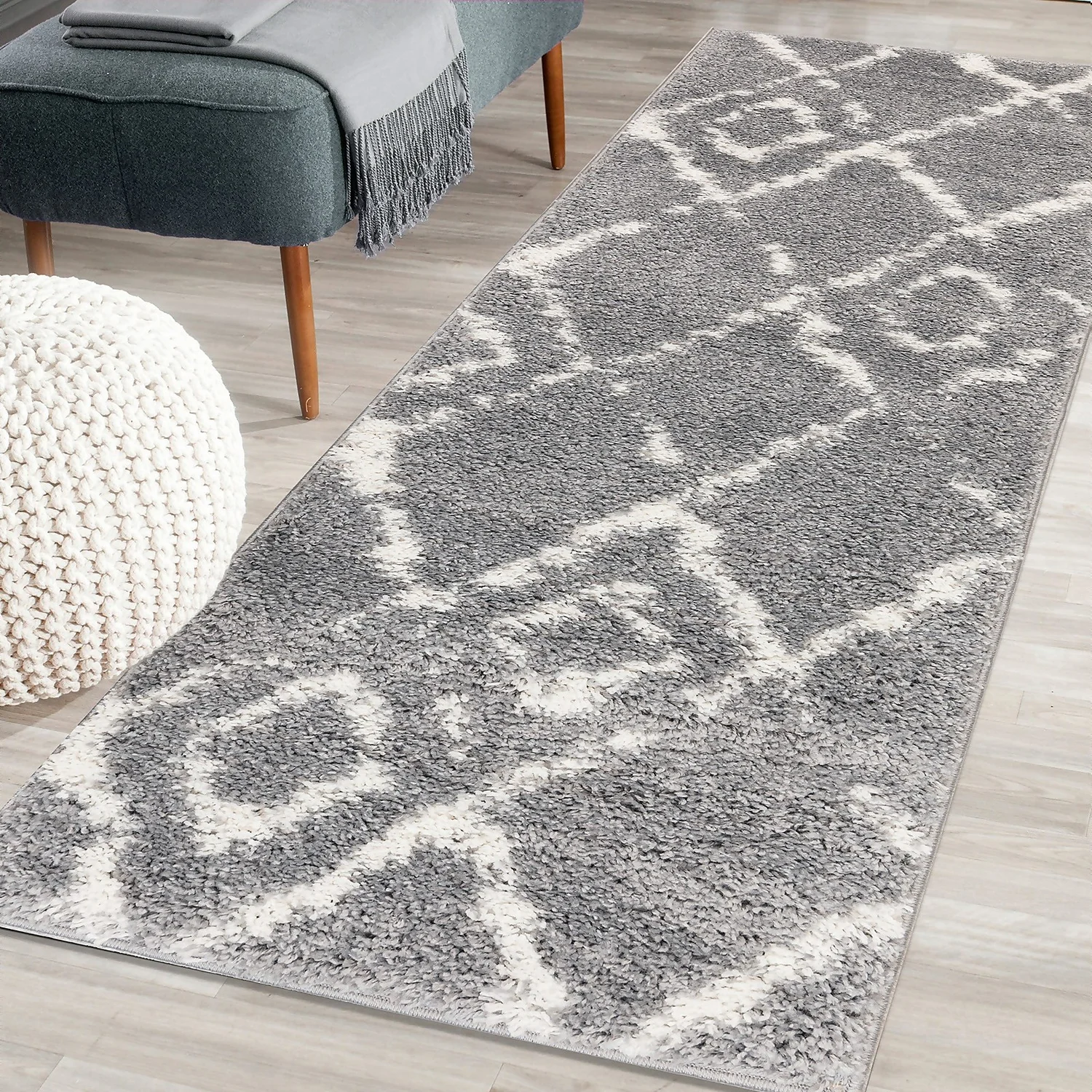 Deluxe Berber Shaggy Runner - Grey & White - 180x67cm 4 Deluxe Berber Shaggy Runner - Grey & White - 180x67cm - Image 2